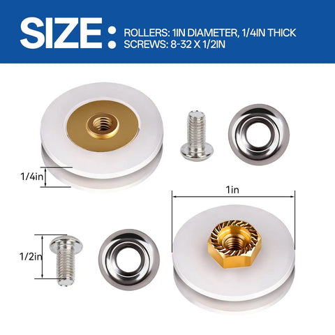 Heavy Duty Screen Roller Assembly 2 Pack Replaces 9311006 for Top Hung Sliding Patio Doors showing 1in concave wheels and matching screws.
