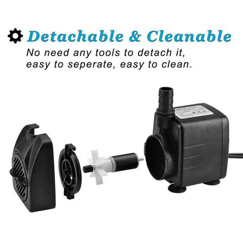 Whisper Quiet Submersible Fountain Pump 220 GPH with detachable parts shown, indoor outdoor use