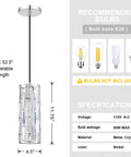 Diagram of a single pendant from 2 Pack Crystal Kitchen Island Pendant Lights With Nickel Finish Dope Modern Fixture with measurements and bulb types.