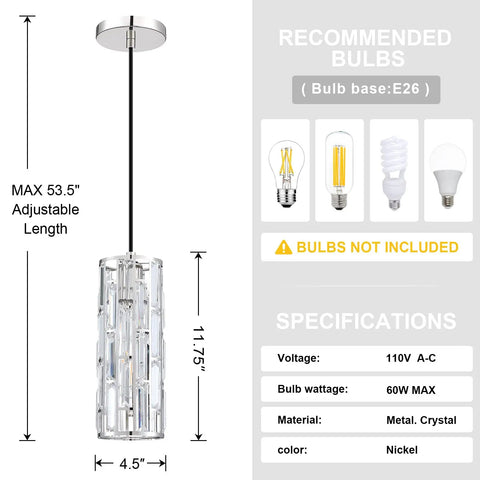 Diagram of a single pendant from 2 Pack Crystal Kitchen Island Pendant Lights With Nickel Finish Dope Modern Fixture with measurements and bulb types.