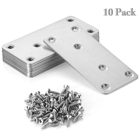 10 Pack Flat Mending Plates In 201 Stainless Steel With Screws Heavy Duty Repair Joining Brackets For Tables Chairs And Furniture 3.9 Inch By 1.9 Inch