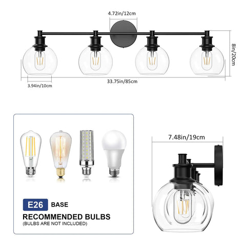 Diagram of Four Light Matte Black Industrial Vanity Light Fixture Over Mirror With Clear Glass Globes, bulb recommendations shown.