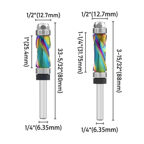Pro Woodworking Router Bit Set With Dual Upper Lower Bearing Systems For Stable Edging Trimming Plus Vibrations Less 7 Color Coated Shanks, 1/4 inch shank, multiple dimensions