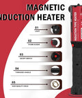 Solary magnetic induction heater handheld tool, red body with black handle, front view.