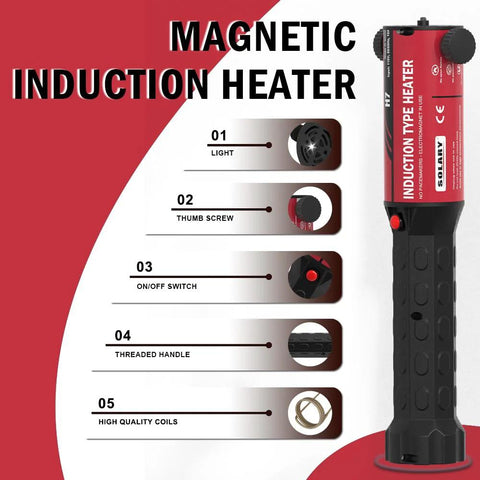 Solary magnetic induction heater handheld tool, red body with black handle, front view.