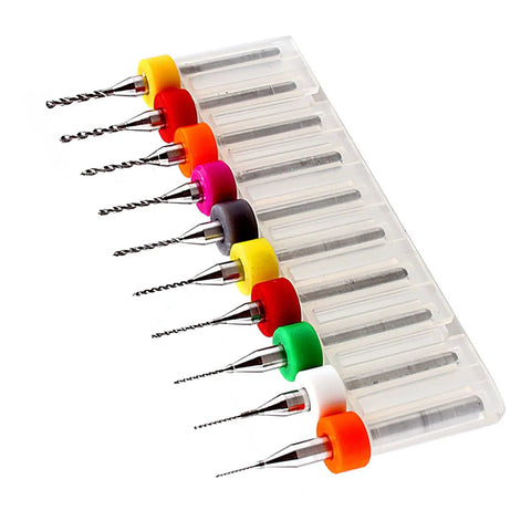 PCB Drill Bit Set Tungsten Carbide Micro Twist Bits For Circuit Boards 10-piece kit displayed in colorful holders