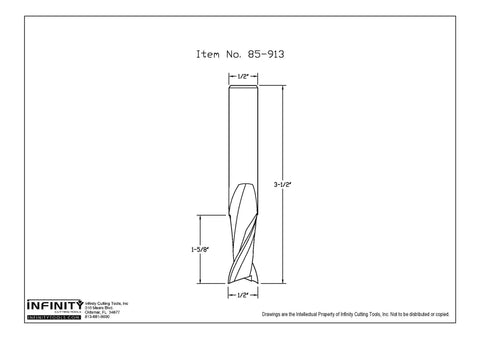 Technical drawing of Beefy Upcut Spiral Router Bit With One Half Inch Shank One Half Inch Cutting Diameter By One And Five Eighths Inch Cutting Height Carbide Tip
