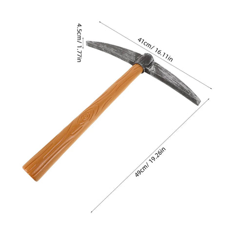 Two Piece Foam Pickaxe Prop Set For Dwarf Gnome Cosplay And Christmas Party Decor, detailed dimensions labeled on prop.