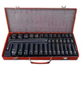 Grease Monkey Approved 35 Piece Half Inch Drive Metric Socket Wrench Set With Pegboard Organizer Tray And Essential Hand Tools image showing neatly arranged black sockets in case.