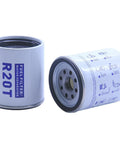 10 Micron Fuel Filter Water Separator Elements Replaces R20P 33432 P551821 BF46022O 857633 for Boat Diesels, shown front and side view.