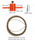 Asixxsix Automatic Drill Powered Wire Puller And Cable Rope Feeder With Forty-Nine Point Two Foot Steel Line Adapter, showing steel wire and drill adapter.