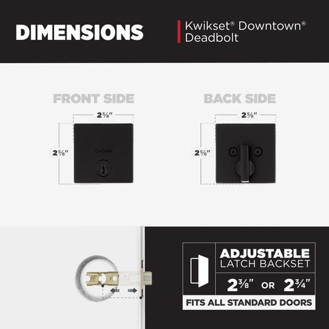 Dimensions of Downtown Matte Black Deadbolt Lock With Square Exterior Keyed Front Entry, Pick-Resistant SmartKey Rekey Security.