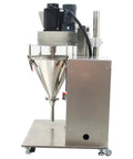 Compact Desktop Semi Automatic Powder Filling Machine Featuring No Sweat Setup And Consistent 10 To 200 Gram Dosing For Coffee Milk Sugar Feed And Bulk Granules side view showing stainless steel cone and electrical components.