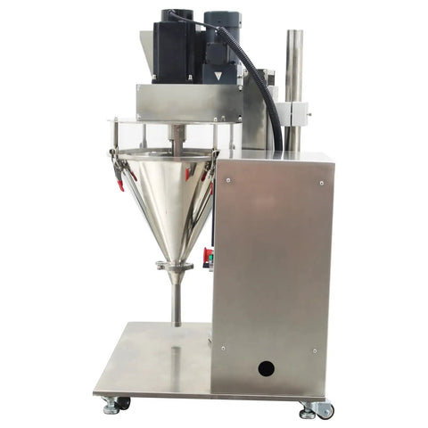 Compact Desktop Semi Automatic Powder Filling Machine Featuring No Sweat Setup And Consistent 10 To 200 Gram Dosing For Coffee Milk Sugar Feed And Bulk Granules side view showing stainless steel cone and electrical components.