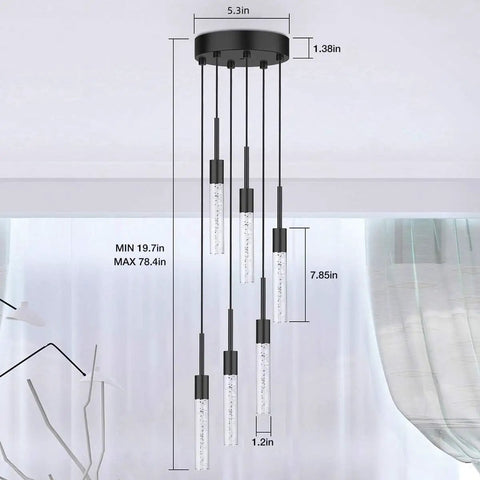Dimmable LED Ceiling Pendant Light With Six Lights, Modern Industrial Chandelier, Crystal Bubble Shade, Height Adjustable