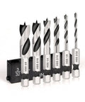 Heavy Duty Brad Point Stubby Drill Bit Set For Woodworking With 6 Pack Hss 4241 Steel, 3/32 to 3/8 sizes in a holder.