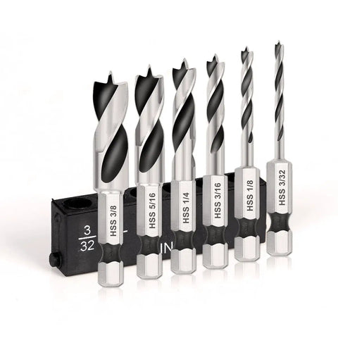 Heavy Duty Brad Point Stubby Drill Bit Set For Woodworking With 6 Pack Hss 4241 Steel, 3/32 to 3/8 sizes in a holder.