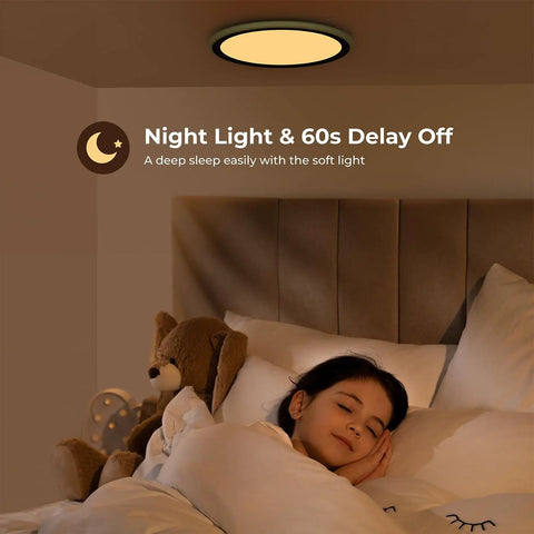 Dope RGB LED Flush Mount Ceiling Light With Remote Control illuminating a bedroom, 13-inch 24W black fixture over a sleeping child.
