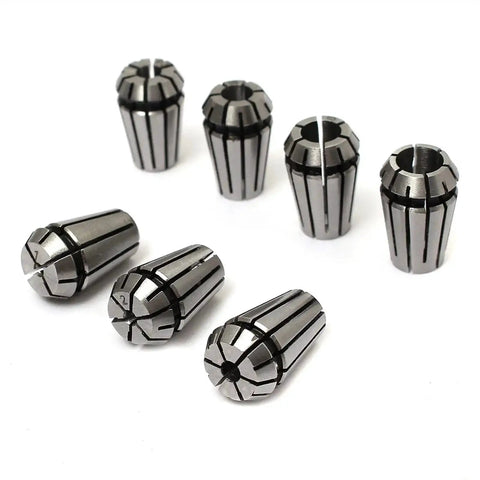 Premium 7Pc ER11 Spring Collet Chuck Set With Self Release Tool Holder For Milling And Grinding Machines Including High Grade Steel Bits Ranging 1 To 7 Mm. Set includes six precision collets.