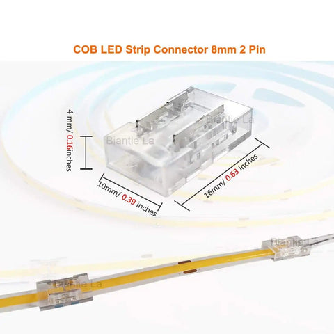 8mm COB LED Strip Connector Kit With 2 Pin Extension for High Density COB Lights transparent gapless splicer close-up view
