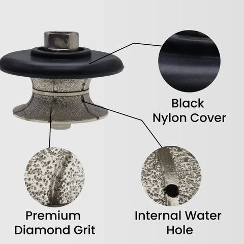 One And A Quarter Inch Full Bullnose Diamond Profile Wheel for Hand Grindin and Polishin Granite, Marble, Concrete, details labeled