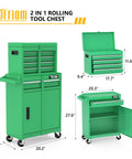 Heavy Duty Rolling Tool Chest With Lockable Swivel Wheels And Easy Pop Off Detachable Top featuring green powder coated steel construction.