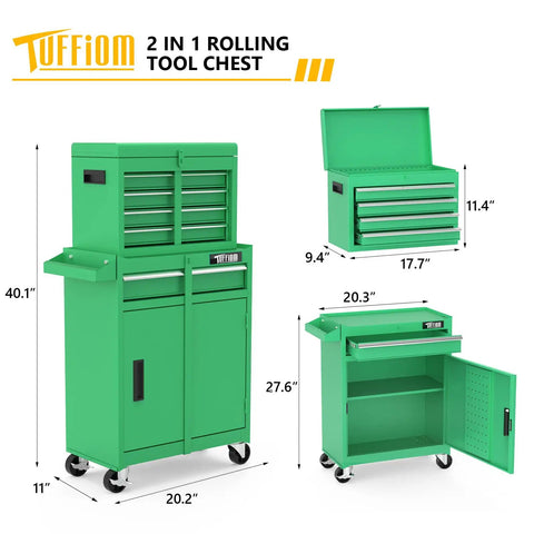 Built Tough Five Drawer Rolling Tool Chest With Lockable Heavy Duty Casters And Detachable Work Surface Plus Roomy Bottom Cabinet And Adjustable Metal Shelf For Mechanics And Garage Shops, green design with dimensions.
