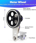 Digital Length Meter And Roll Through Measuring Wheel With High Precision Encoder For No Sweat Counting Up To 999999 Runs Across Feet Inch Meter Yard Units showing rubber wheel with encoder and brackets.