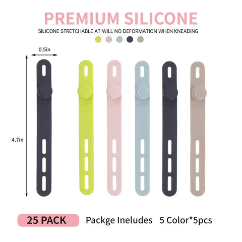 Colorful Silicone Cable Ties Set Of 25 Reusable High Elasticity Cord Wraps For Electrical Cords Earbuds Chargers And Cable Management Odor Free Durable Stretch Up To 36 Cm