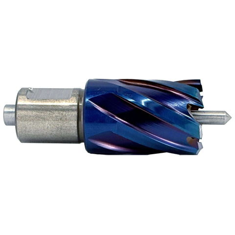 Blue-coated annular cutter with spiral flutes and silver shank, 5/8 inch diameter, 2 inch length.