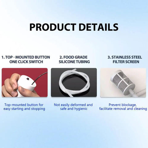 Product details of Food Grade USB Electric Auto Siphon Pump, featuring button switch, silicone tubing, and stainless steel filter screen.