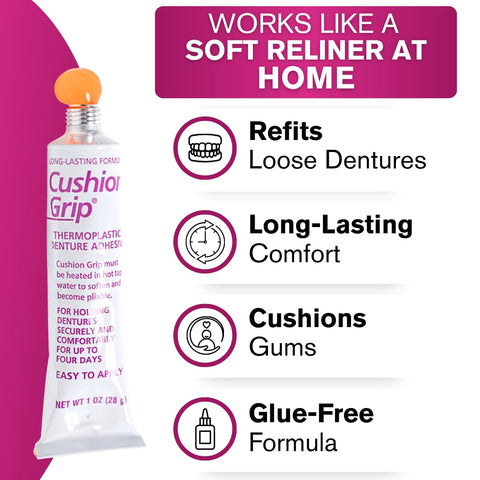 Tube of Thermoplastic Denture Adhesive That Refits And Tightens Loose Dentures For A Long Lasting Snug Fit, waterproof, zinc-free