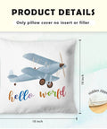 Soft Flannel Nursery Pillow Cases 18x18 Set Of 2 Featuring Hot Air Balloon And Airplane Theme For Boys Room And Toddler Playroom Hello World Adventure Awaits Cozy Decor Kid Approved, includes airplane illustration and hidden zipper detail.