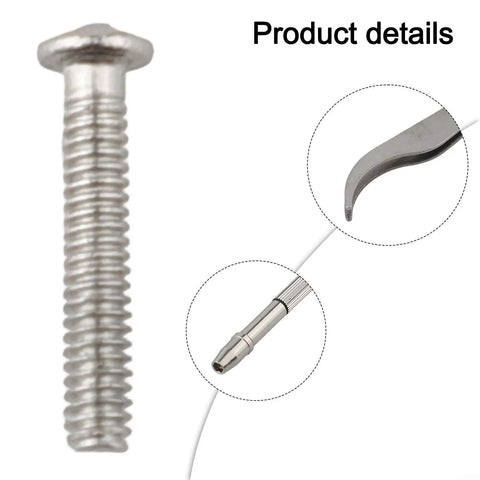 Close-up of screw, screwdriver tip, and tweezers from Grab And Go All In One Eyeglasses Repair Kit With 13 Screw Sizes, Keychain Screwdriver And Tweezers For Quick Fixes On Glasses Sunglasses Watches Jewelry And Small Electronics.