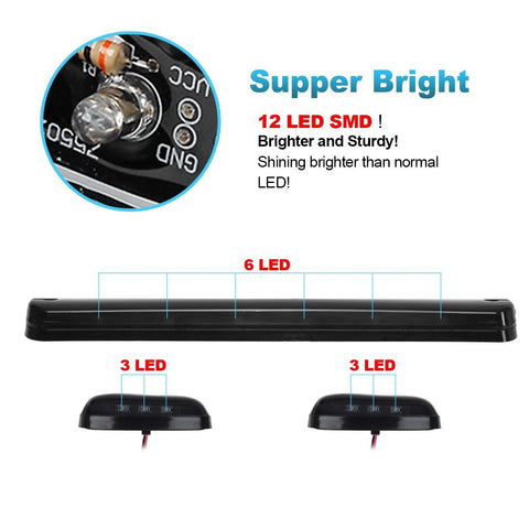 Close-up of 3X Smoke White 12LED Cab Marker Roof Running Top Lights Kit showing LED configuration and brightness detail.