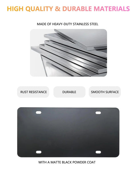Heavy Duty Metal Reinforcement Plate For Car License Plate Backing With Screws And Caps, Rust Resistant Matte Black Finish.