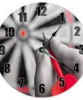 Killer 10 Point 5 Inch Silent Wall Clock Boasting A Crisp Red Dart Pin Graphic On A Realistic Wood Look Finish Sick For Game Rooms And Tight Quarters Runs On A Rock Solid Usa Movement With Totally Zero Tick Noise showing hands gripping a red dart.