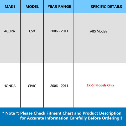 Compatibility chart for Pair Rear Wheel Hub Assembly And Bearing For Honda Civic 2006 2011 EX SI Models And Acura CSX 2006 2011 ABS