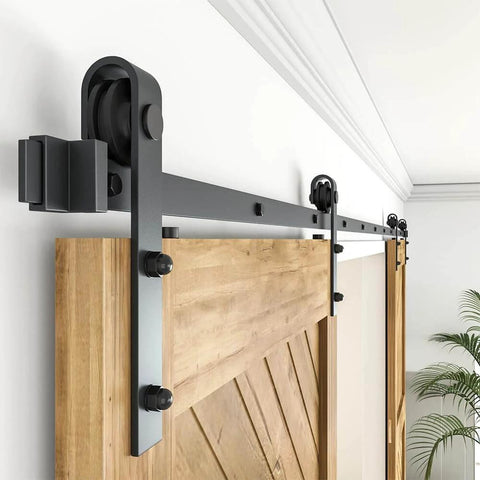 Heavy Duty Black Barn Door Hardware Kit For Double Sliding Doors 12 Ft Carbon Steel J Shape Track Easy Install For 72 Inch Closet Panel