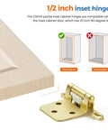 Gold Cabinet Hinges 2 Pack One Half Inch Overlay Semi Concealed Face Mount Self Closing Decorative Door Hardware shown with cabinet diagram