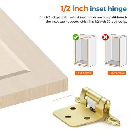 Gold Cabinet Hinges 2 Pack One Half Inch Overlay Semi Concealed Face Mount Self Closing Decorative Door Hardware shown with cabinet diagram