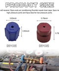 Product size illustration showing 10 Piece Set R134a AC Cap Dust Covers, 5 blue low pressure and 5 red high pressure caps with dimensions.