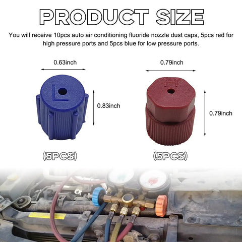 Product size illustration showing 10 Piece Set R134a AC Cap Dust Covers, 5 blue low pressure and 5 red high pressure caps with dimensions.