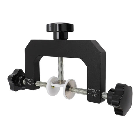 Heavy Adjustable Woodworking Face Clamp delivering total no sweat aluminum grip cabinet edge tool, black, used for cabinet work.