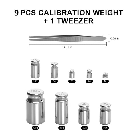 210g Calibration Weights Kit, 9 Piece High Precision Set With Stainless Tweezers, OIML Certified Accuracy, Chrome Plated Stainless Steel