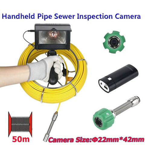 Hardcore Heavy Duty Handheld Pipe Inspection Camera Featuring A Rigid 22 Mm Probe For Sewers Drains And Clogs IP68 Waterproof Borescope Endoscope Video System with yellow cable and light.