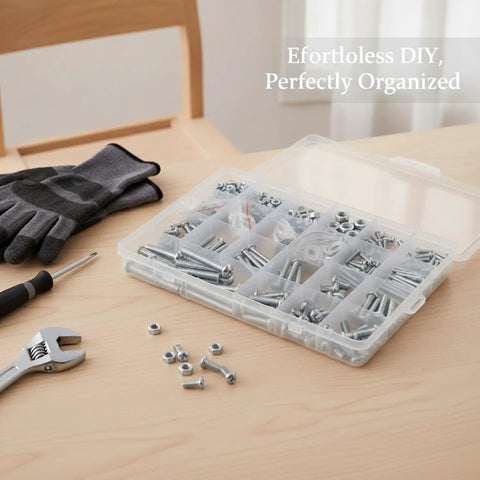 M3 To M6 Carbon Steel Screw Nut And Washer All In One Kit with storage box and gloves for furniture assembly on a table