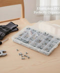 All In One Screw Nut And Washer Assortment Kit M3 To M6 Carbon Steel Hardware Set with storage box on a wooden table