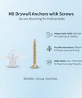 Heavy Duty M8 Drywall Anchors With Screws Kit For Hollow Walls 50-pack with ribbed design on blue background