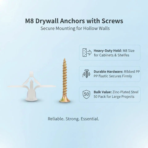 Heavy Duty M8 Drywall Anchors With Screws Kit For Hollow Walls 50-pack with ribbed design on blue background